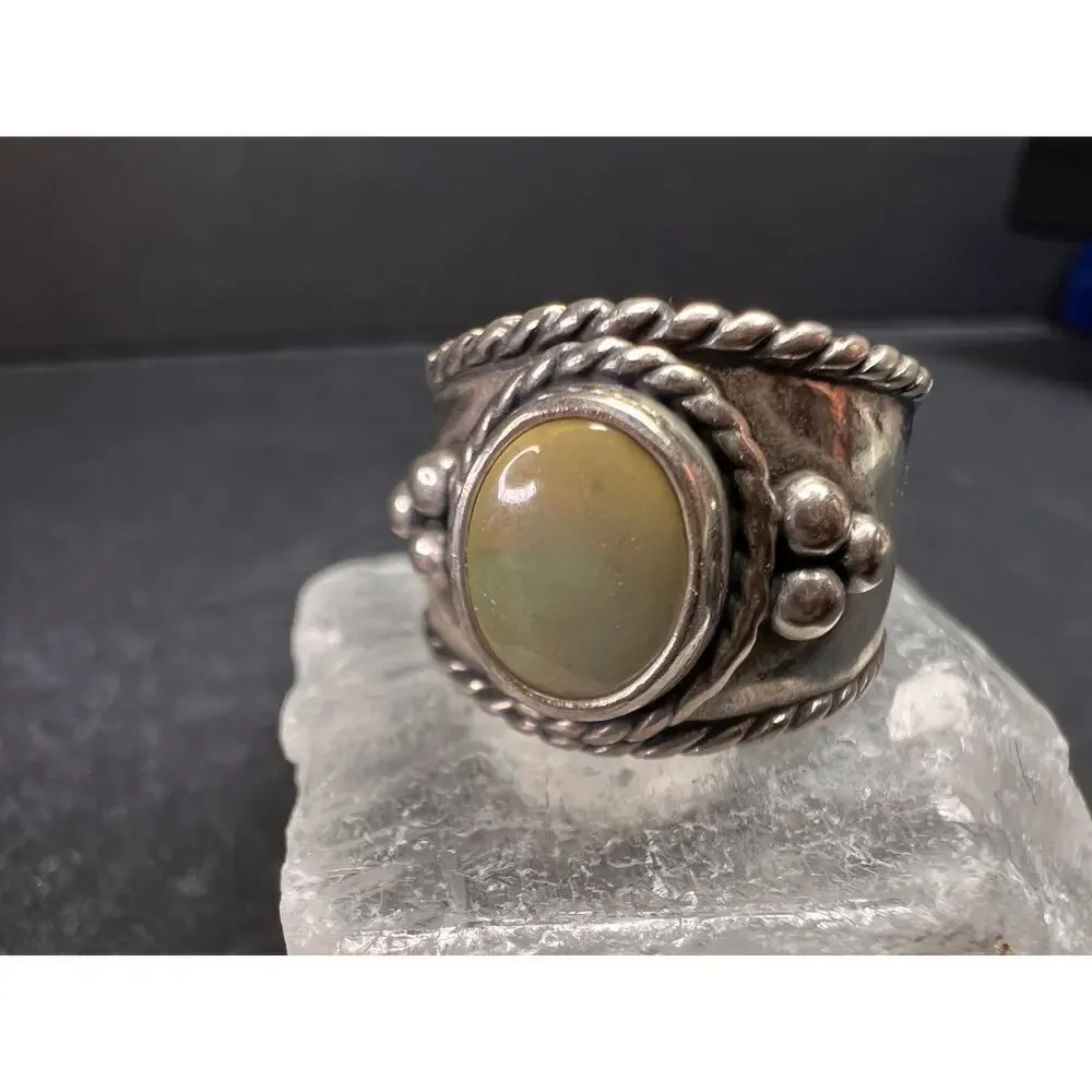 Vintage Sterling Silver Size 6 Ring | Artisan Style Green Cabochon Band